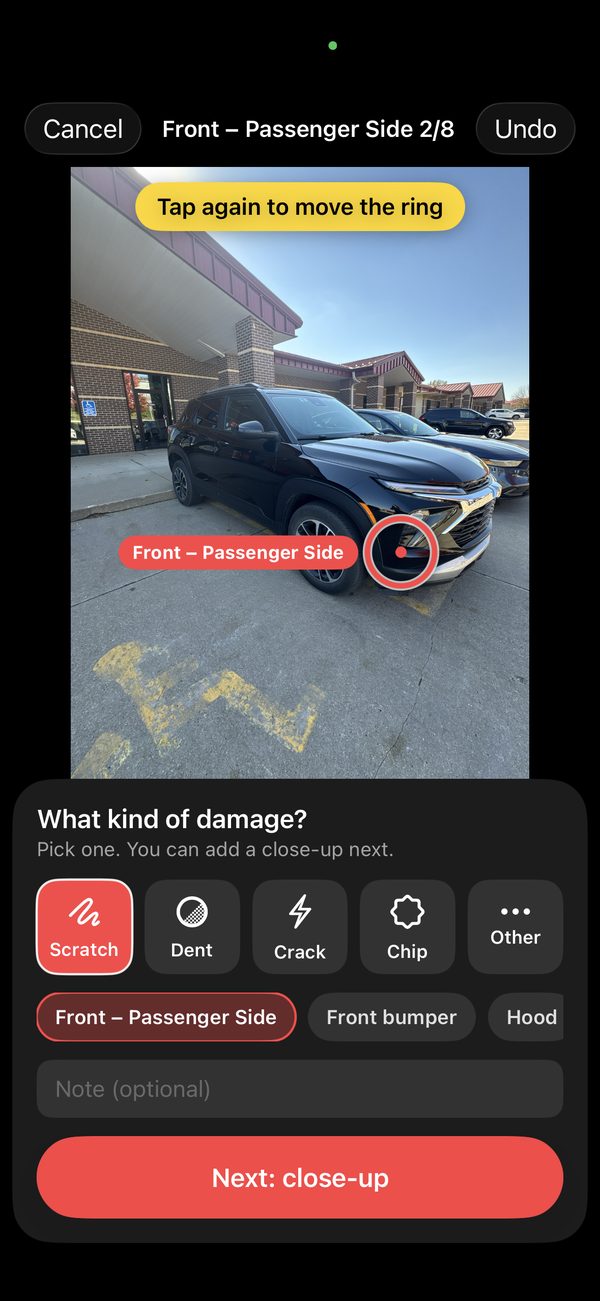 Marking damage: tap the spot, pick Scratch, Dent, Crack, Chip or Other, then take a close-up