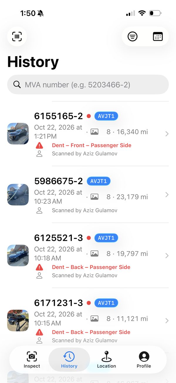 History: past walk-arounds by MVA, date and time, with damage flags